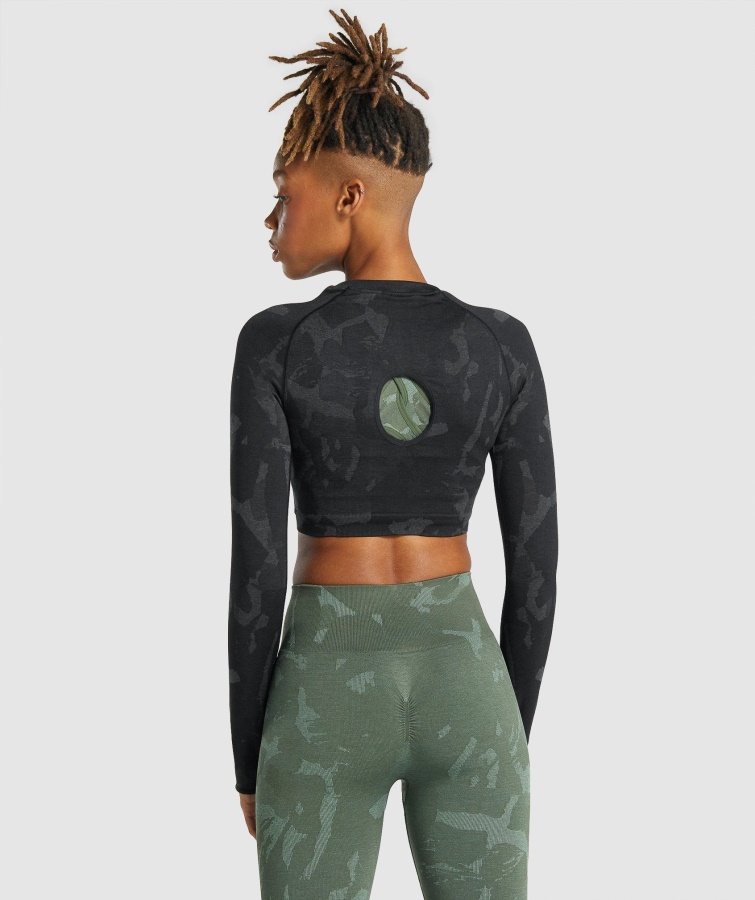 Adapt Camo Sømløs Langærmet Crop Top Savanne-sort Gymshark