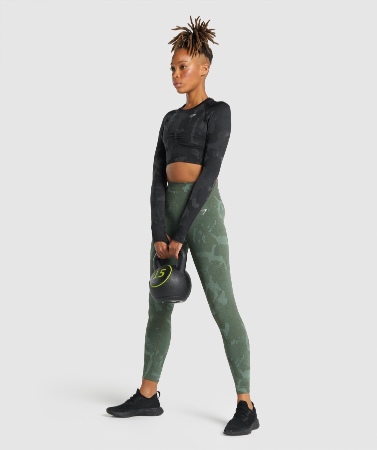 Adapt Camo Sømløs Langærmet Crop Top Savanne-sort Gymshark