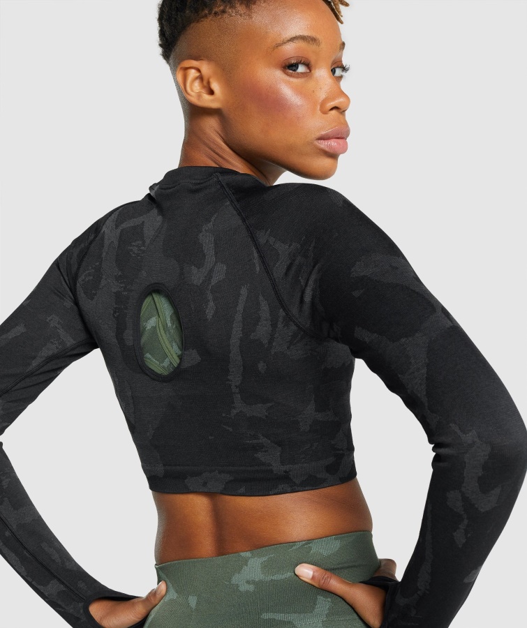 Adapt Camo Sømløs Langærmet Crop Top Savanne-sort Gymshark