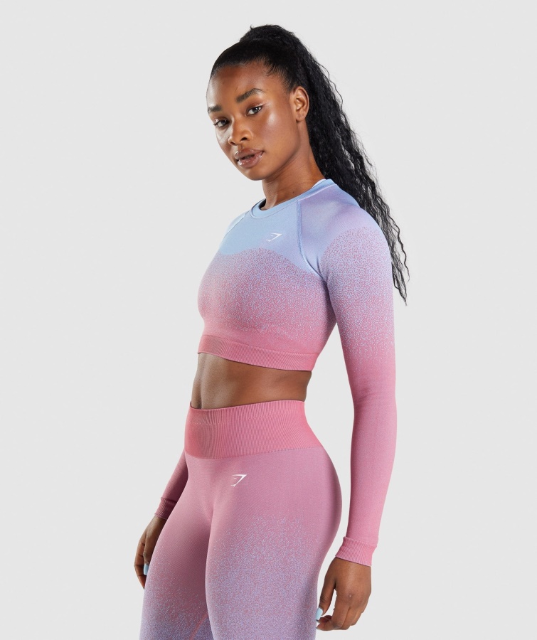 Adapt Ombre Sømløs Langærmet Crop Top Rose Pink-lyseblå Gymshark