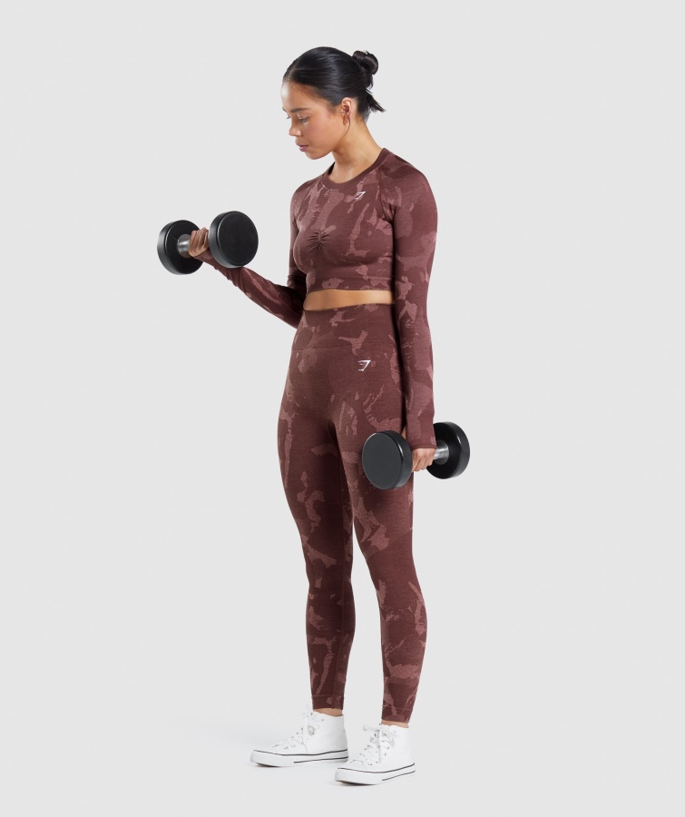 Gymshark Adapt Camo Sømløs Langærmet Crop Top Savanne-kirsebærbrun