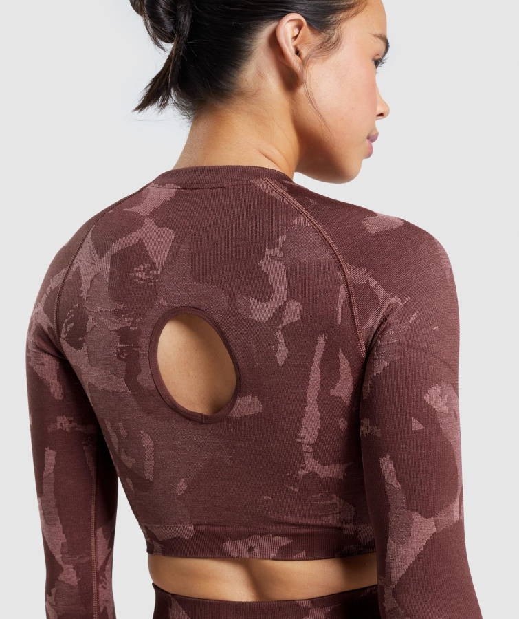 Gymshark Adapt Camo Sømløs Langærmet Crop Top Savanne-kirsebærbrun