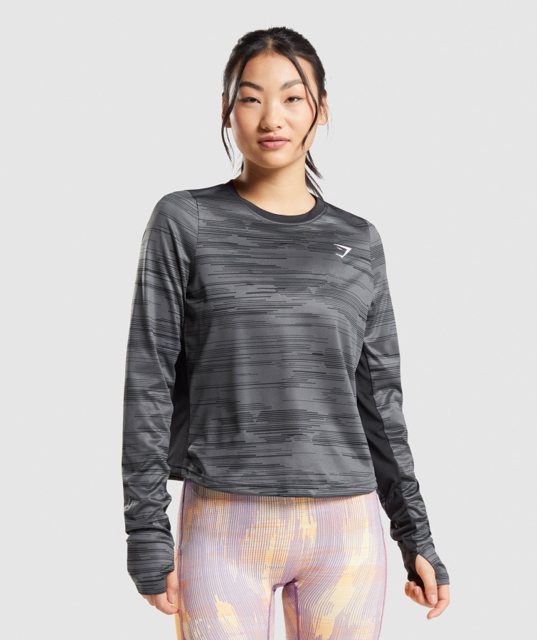 Gymshark Sort Print Sport Løs Langærmet T-shirt