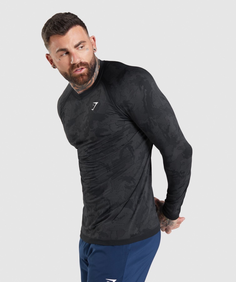 Gymshark Geo Sømløs Langærmet T-shirt Sort-koksgrå