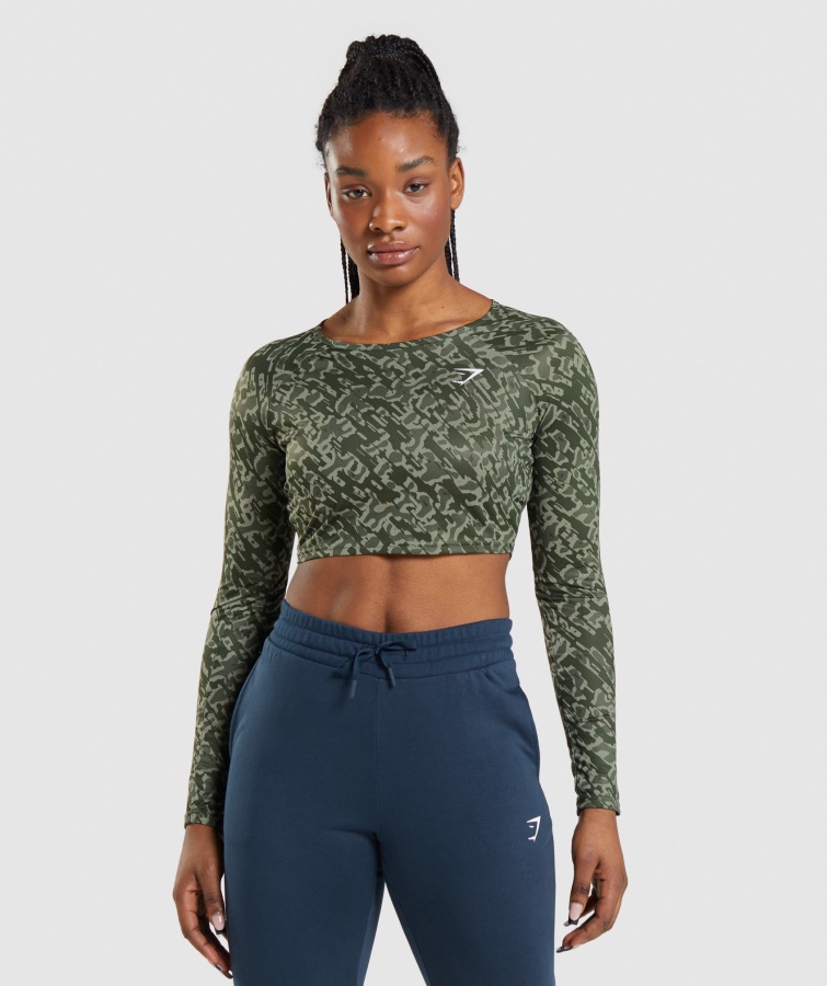 Gymshark Grøn Print Trænings Langærmet Crop Top