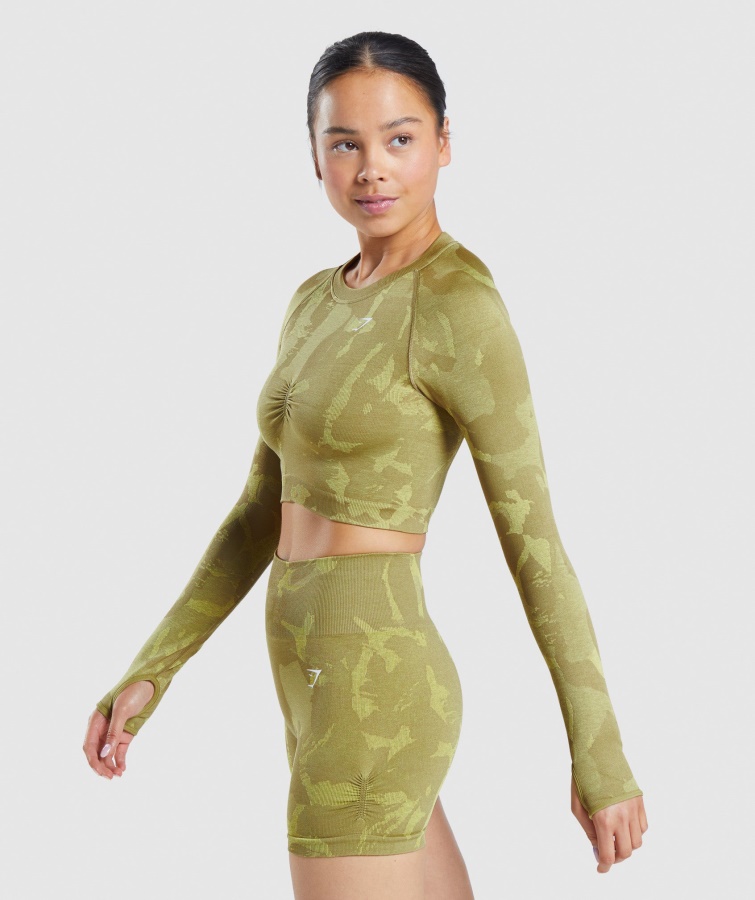 Gymshark Savanne-griffin Green Adapt Camo Sømløs Langærmet Crop Top