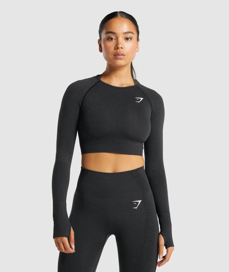 Gymshark Vital Sømløs 2.0 Langærmet Crop Top Sort Mergel