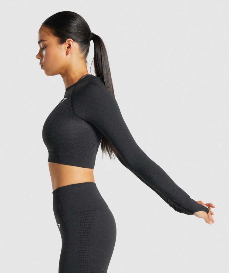 Gymshark Vital Sømløs 2.0 Langærmet Crop Top Sort Mergel